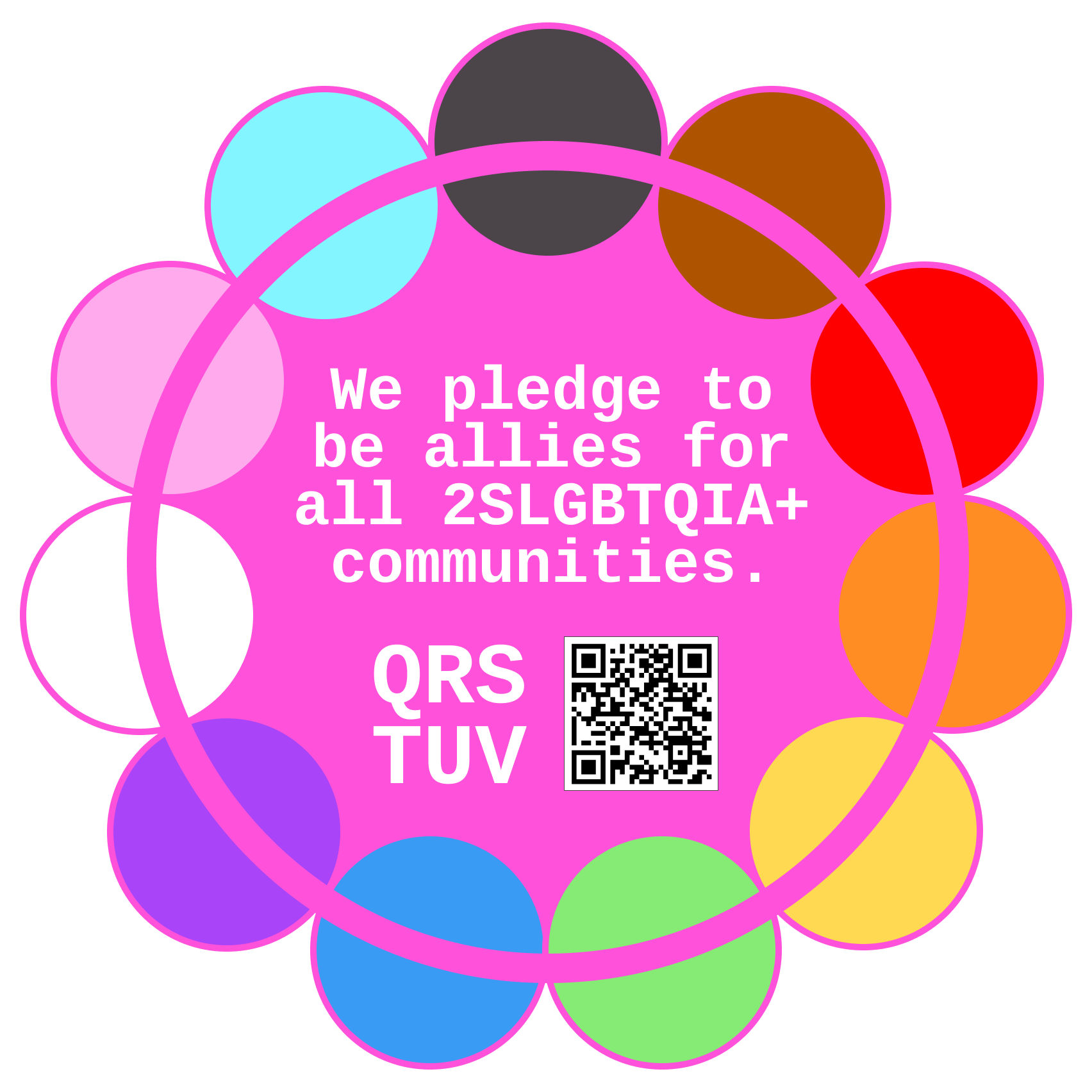 A flower-shaped logo with 11 Progress Flag colours in a circle. Text in the middle reads: We pledge to be allies for all 2S L G B T Q I A plus communities. Q R S T U V, with a QR code that links to this page.