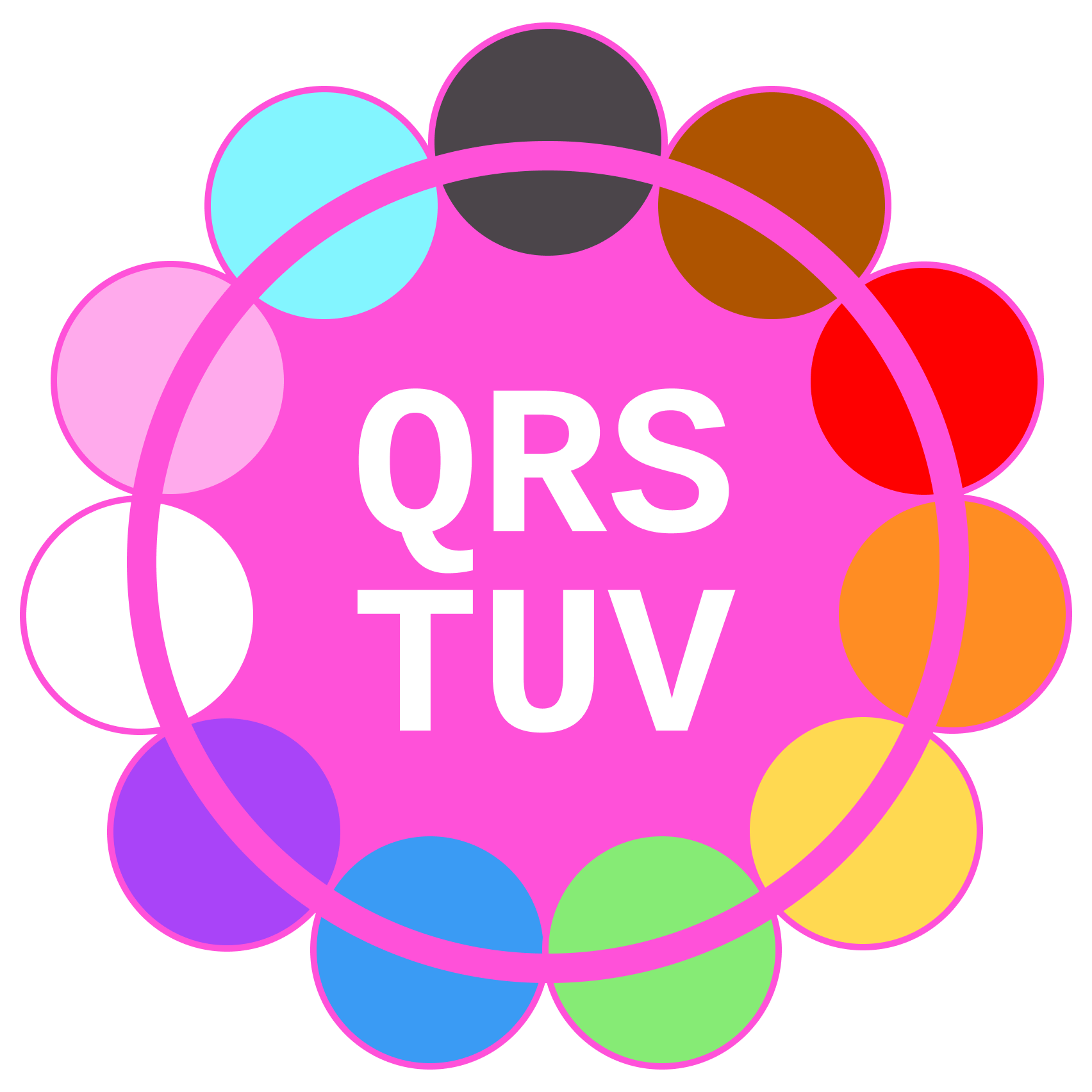 Flower-shaped logo with the 11 Progress Flag colours of inclusive Pride and the text QRS TUV in the middle.
